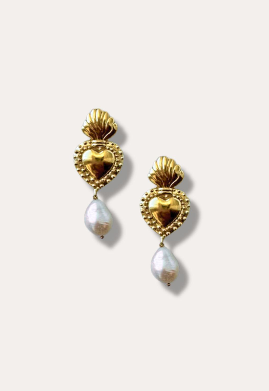 Gold Pearl Drop Sacred Heart Stud Earrings