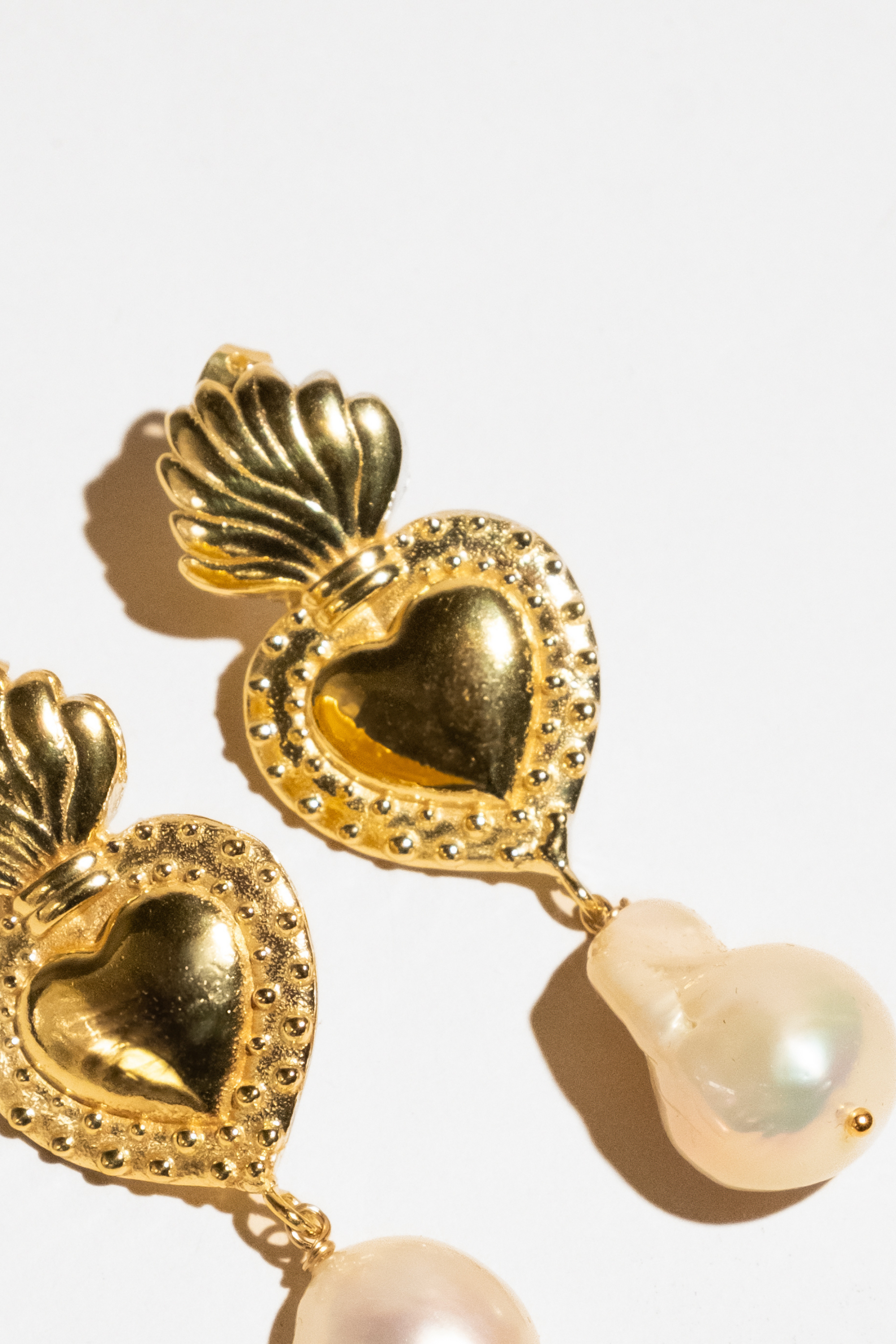 Gold Large Pearl Drop Sacred Heart Stud Earrings
